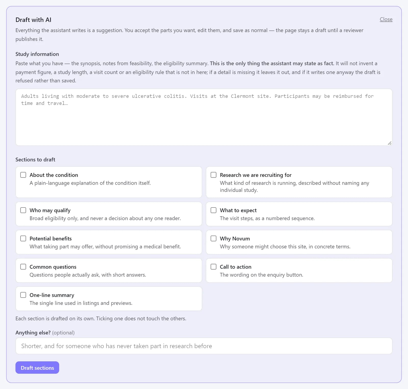 Drafting a condition page with AI