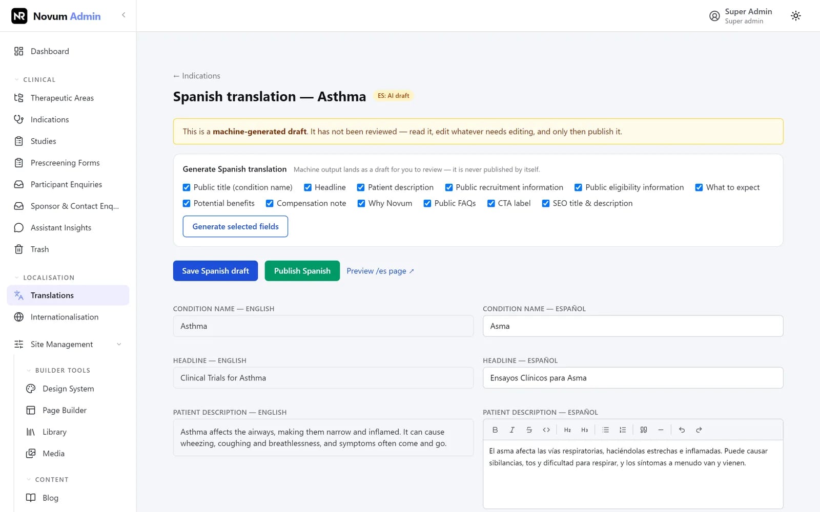 The Spanish translation editor