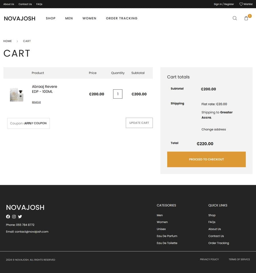 Novajosh cart page