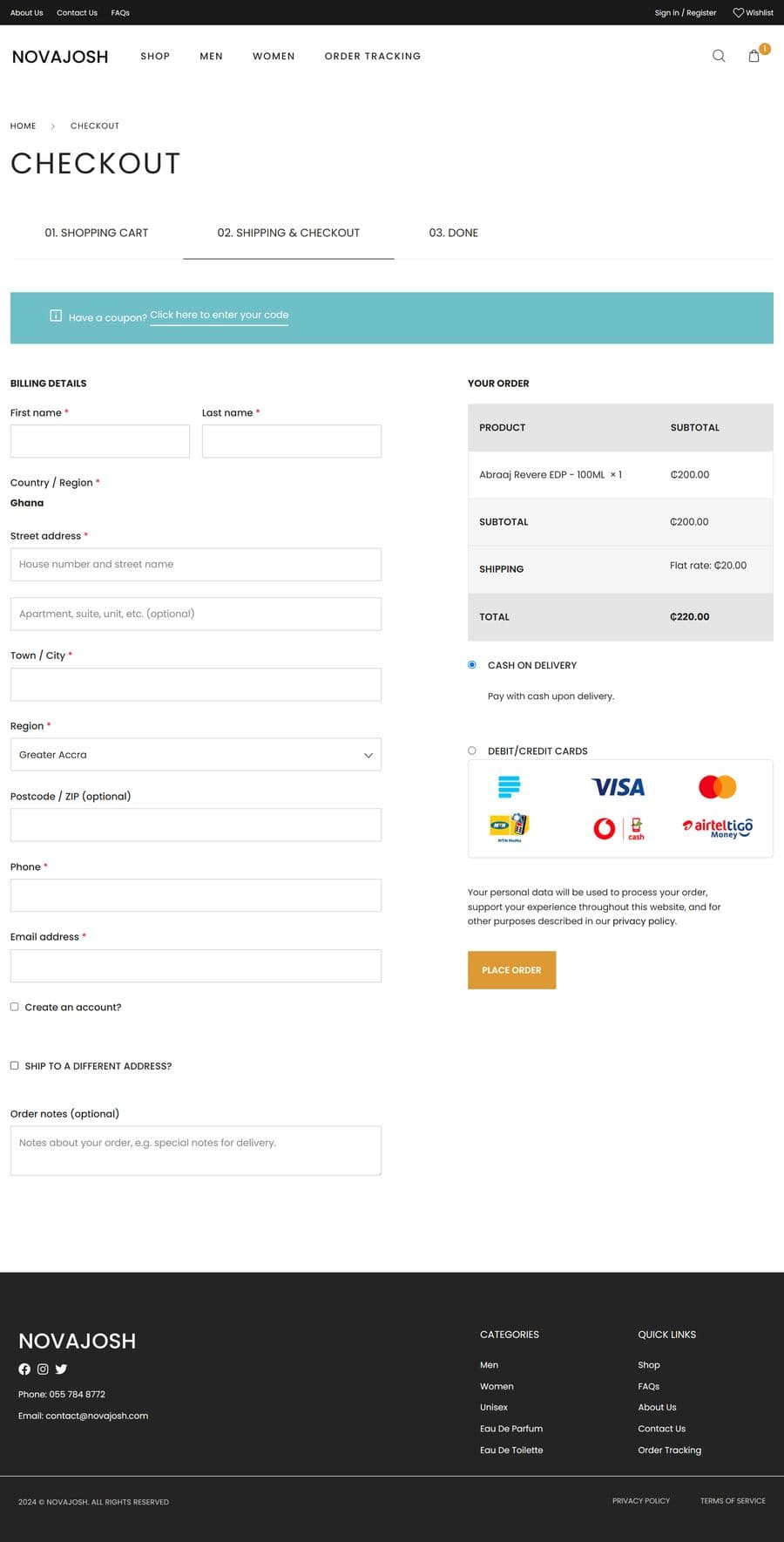Novajosh checkout page