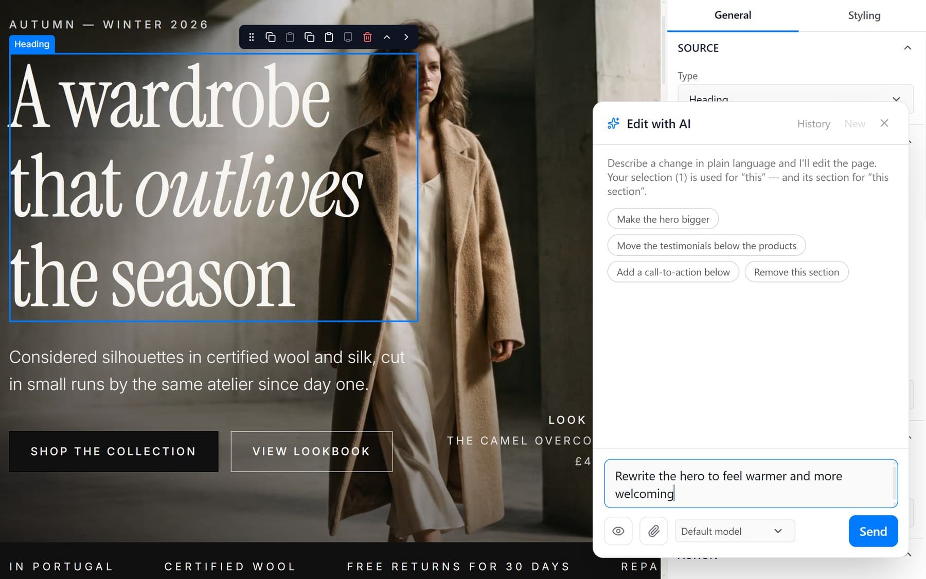Incep Platform's page editor with the Edit with AI panel open