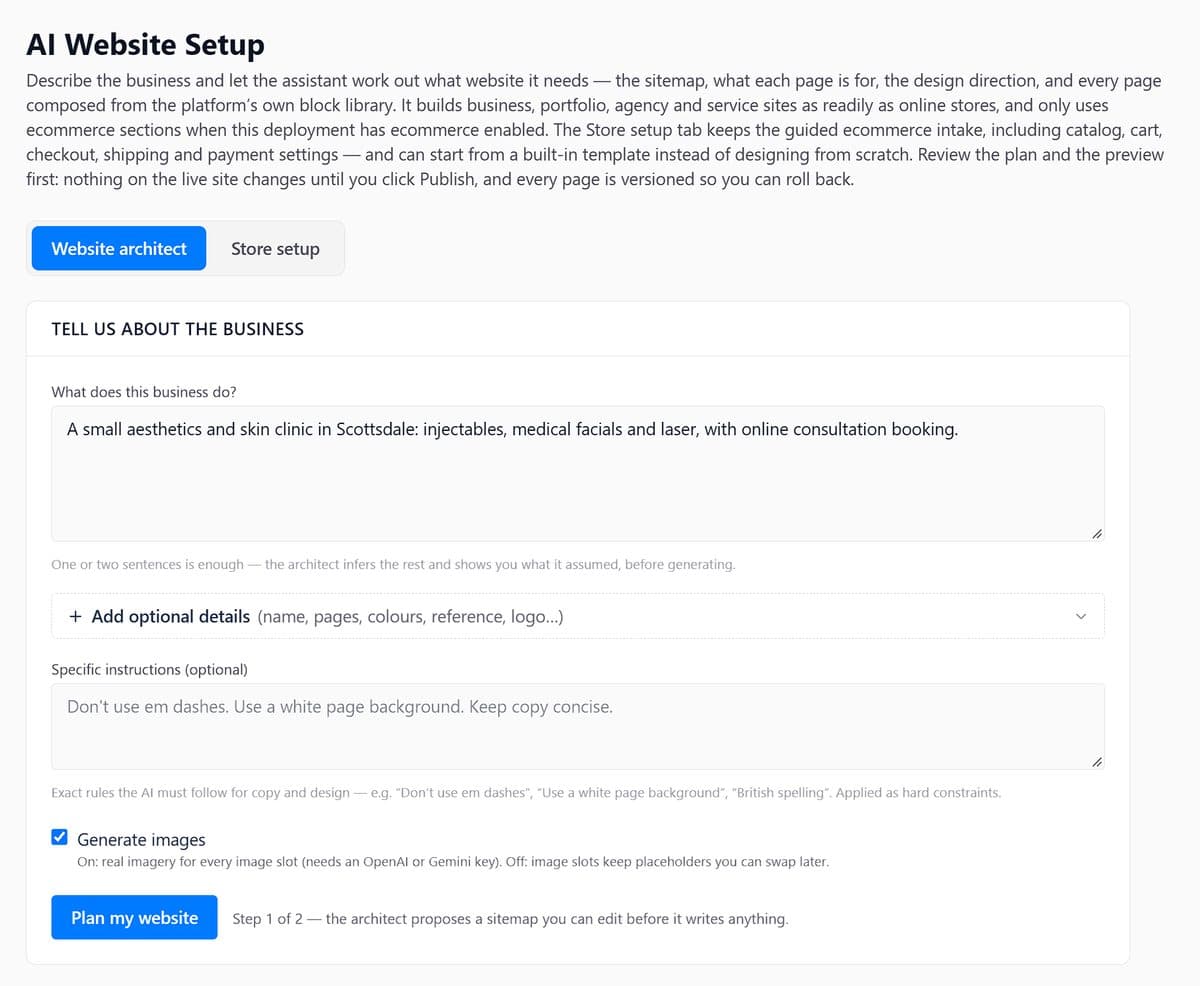 Incep Platform's AI Website Setup: describe the business and the architect plans the site