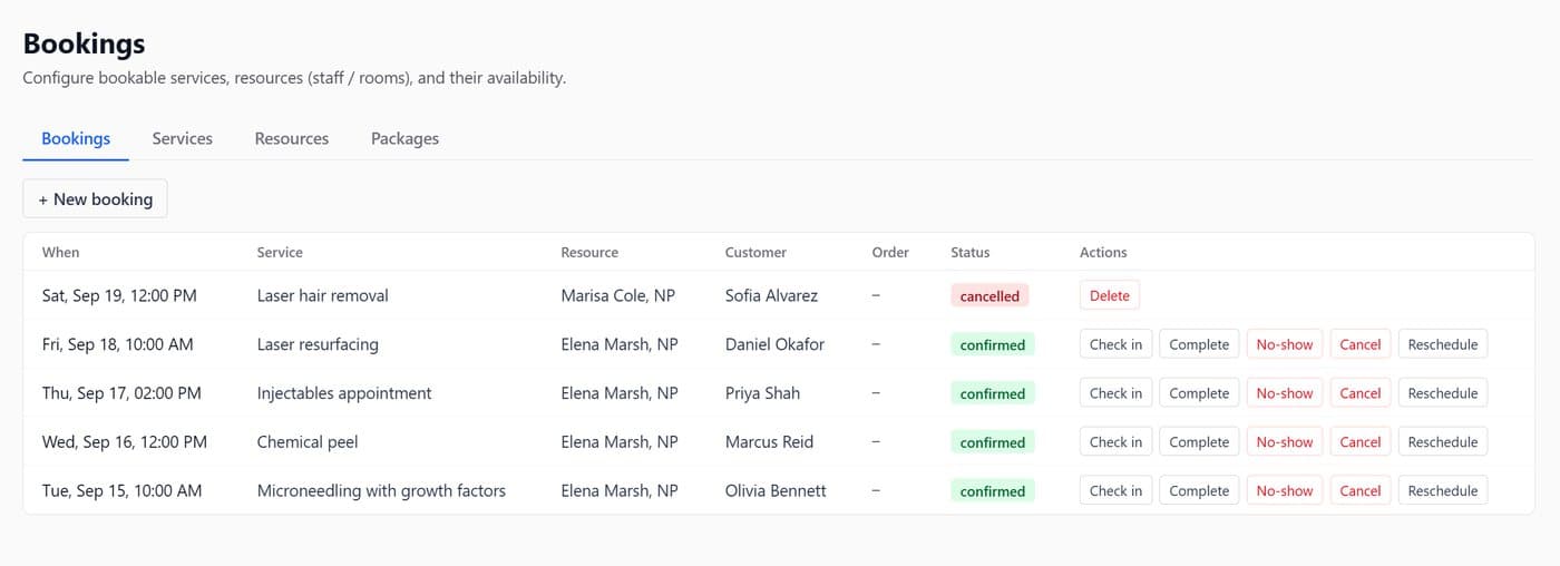 Incep Platform's bookings manager with confirmed appointments