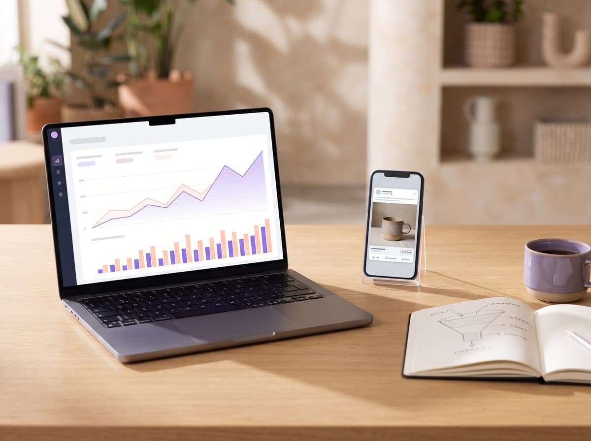 A laptop with a campaign performance dashboard beside a phone showing an ad and a notebook with a funnel sketch
