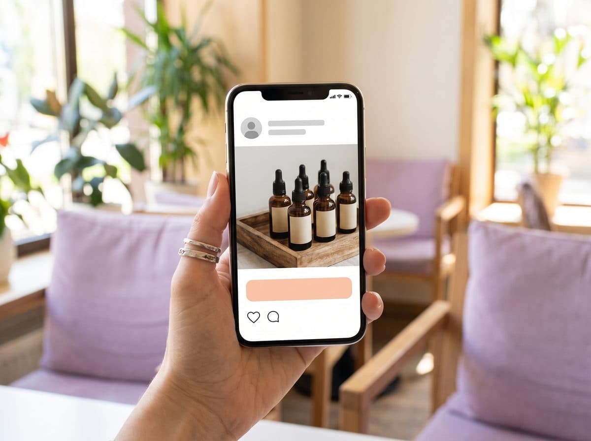 A hand holding a phone with a skincare product ad in the feed