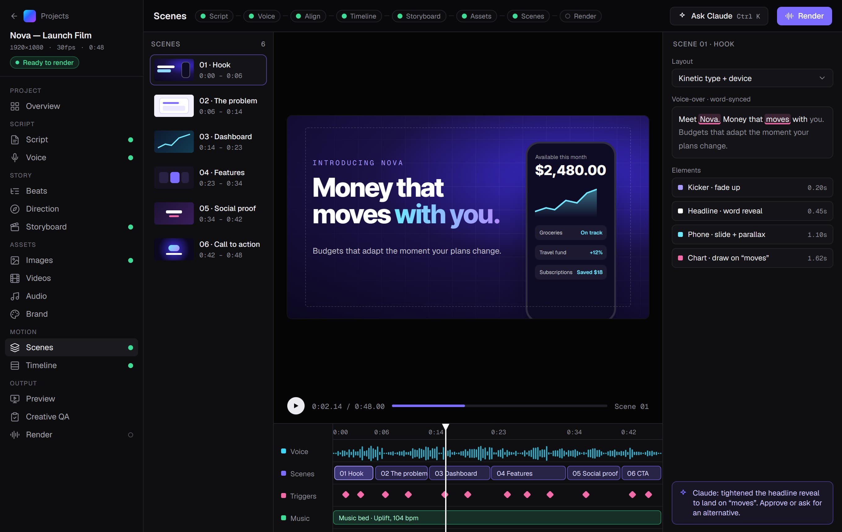 Motion Studio's Scenes workspace: scene list, live player, word-synced inspector and timeline