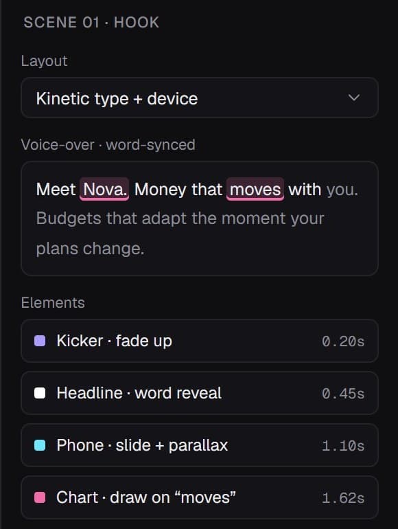 Scene inspector with the voice-over text and the words each animation is anchored to