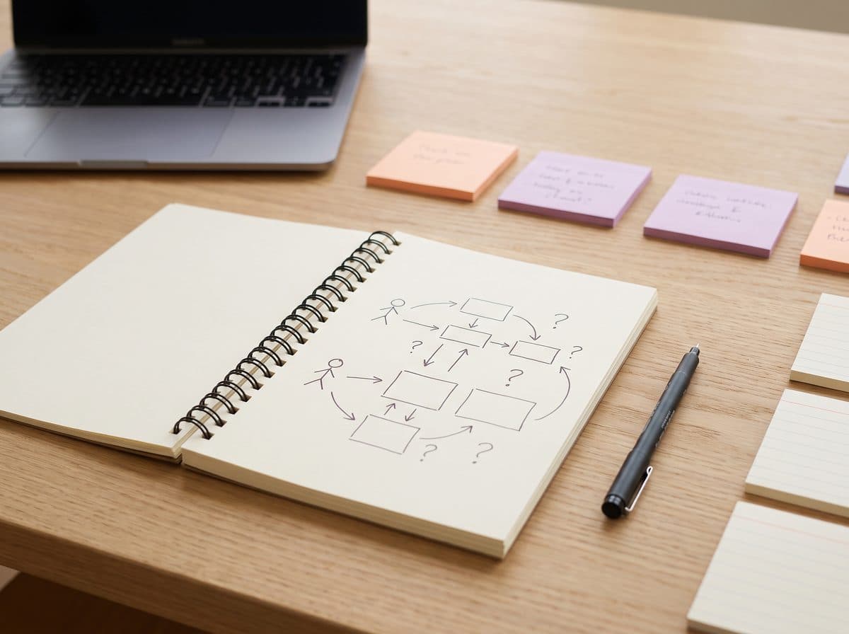 A notebook with a hand-drawn user journey full of question marks beside sticky notes