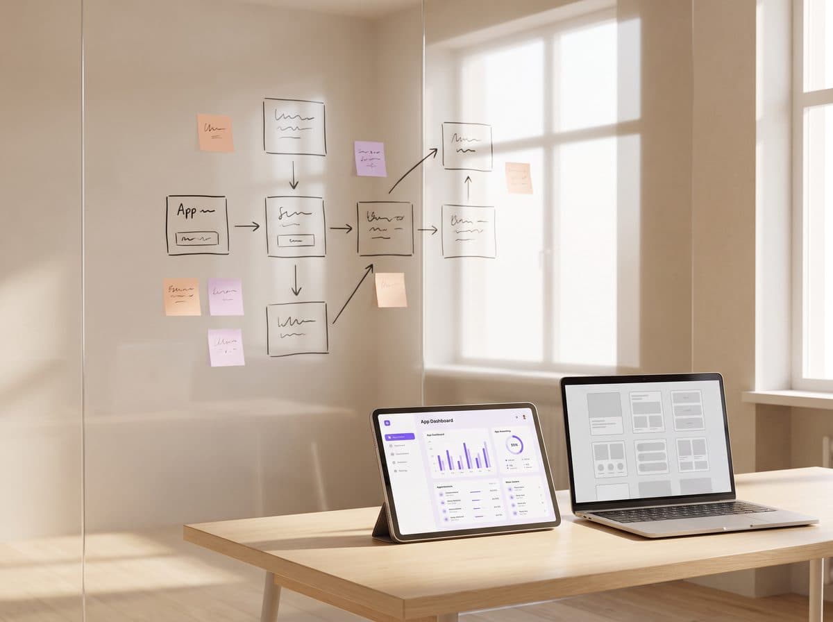 An app flow sketched on a glass wall behind a tablet showing a product dashboard and a laptop with wireframes