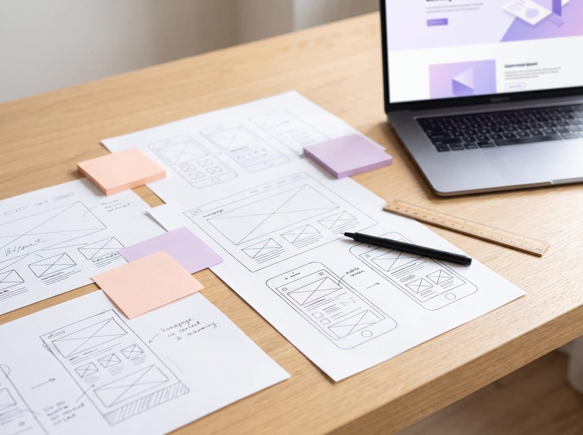 Paper wireframes of a homepage and mobile screens beside a laptop showing the finished layout