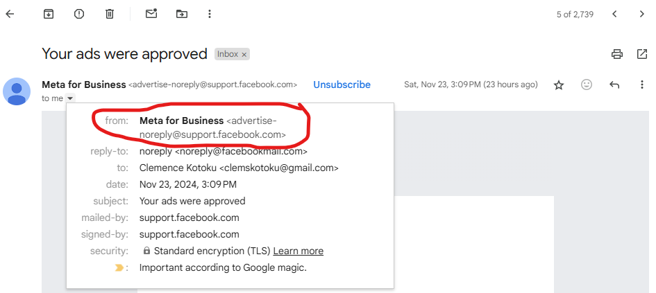 verify email sender's address is Facebook