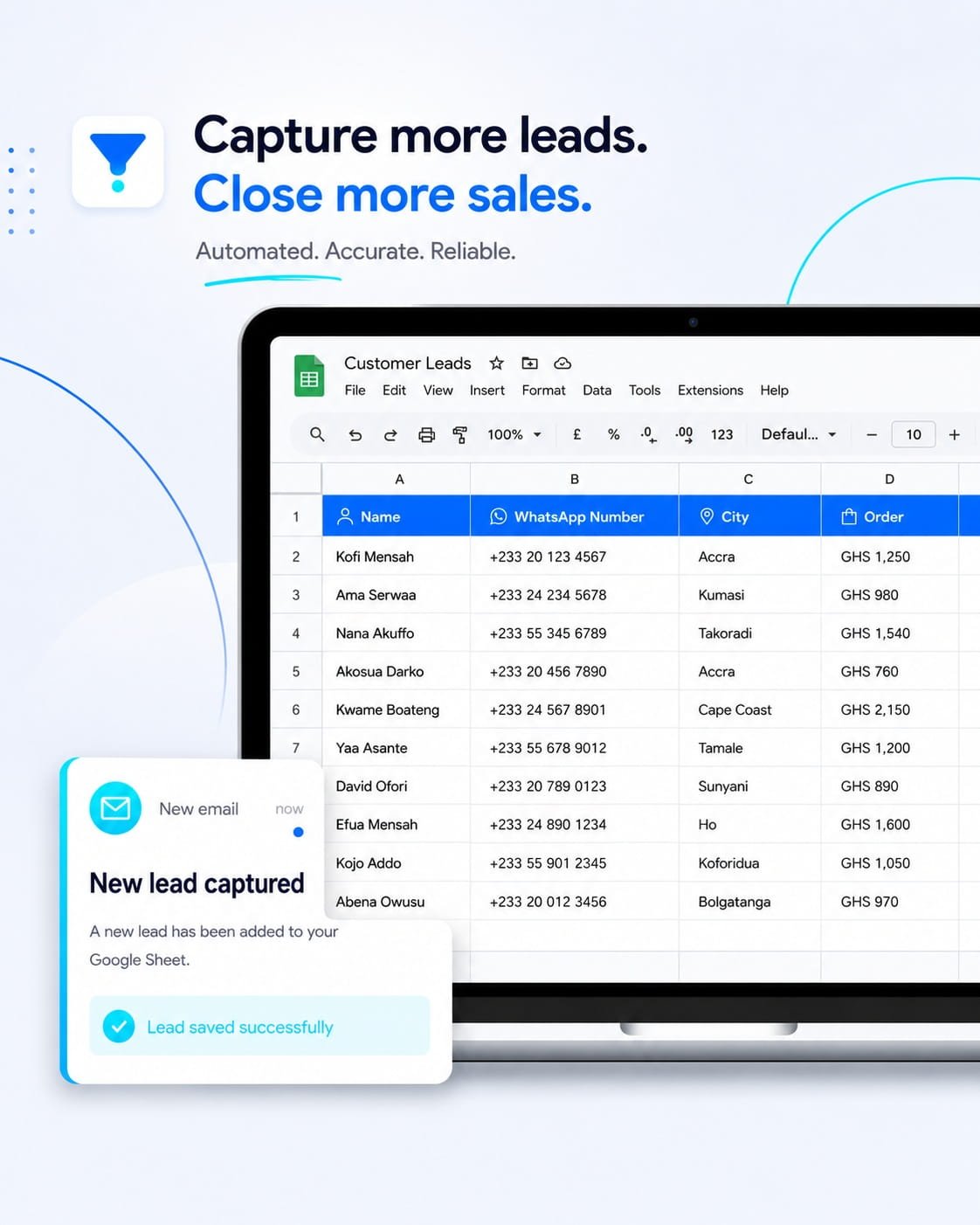 Ad Landing System: leads captured automatically into Google Sheets